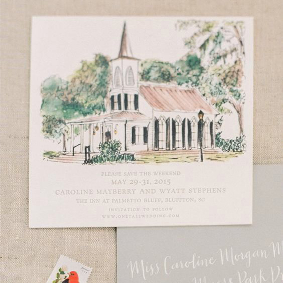 convite de casamento com desenho da igreja