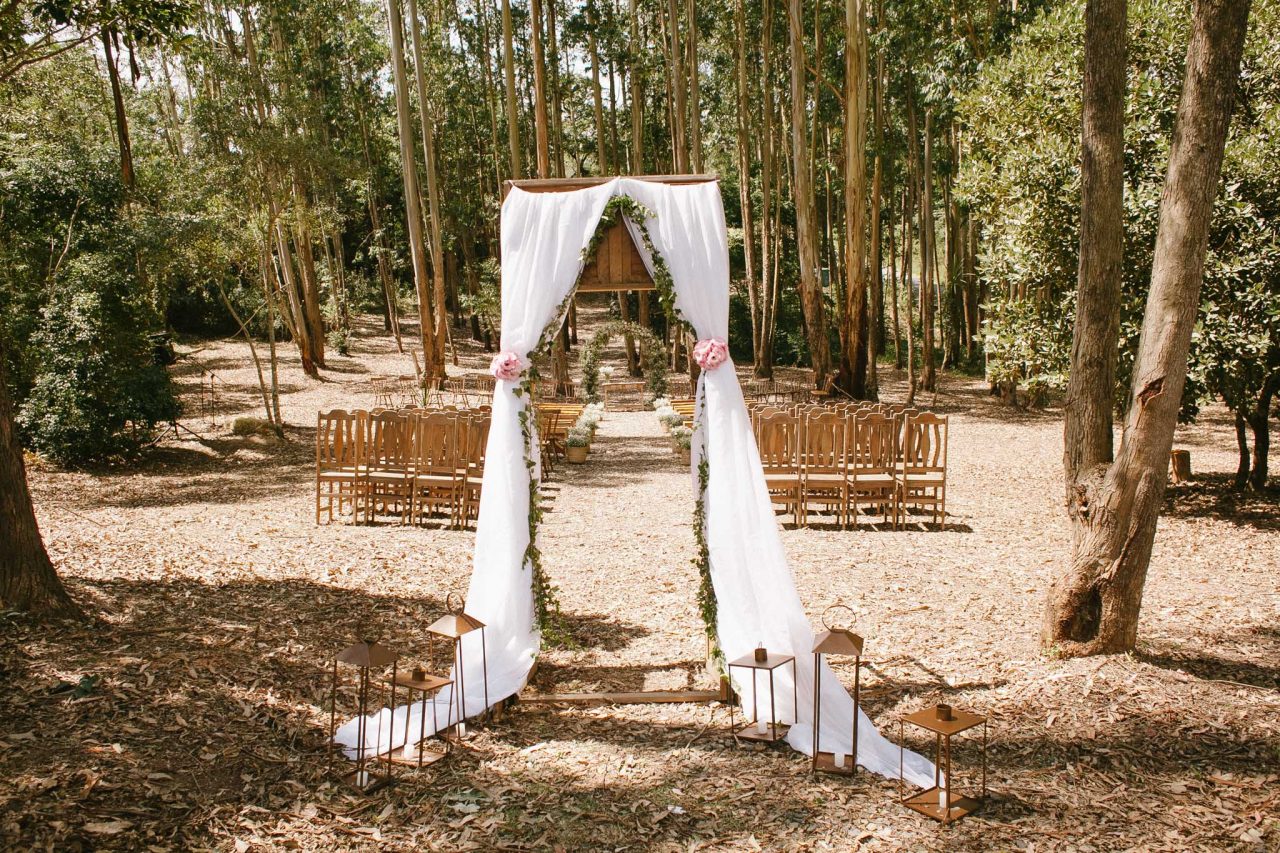 Casamento colorido com cerimônia no bosque