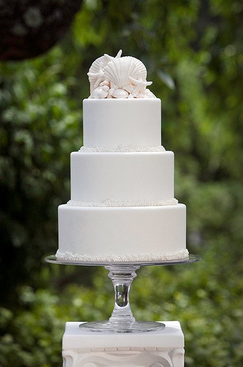 topo de bolo de casamento minimalista de conchas e estrelas de mar
