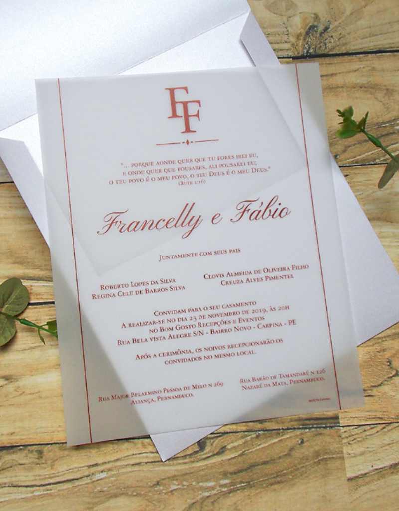 convite de casamento rústico impresso em papel vegetal