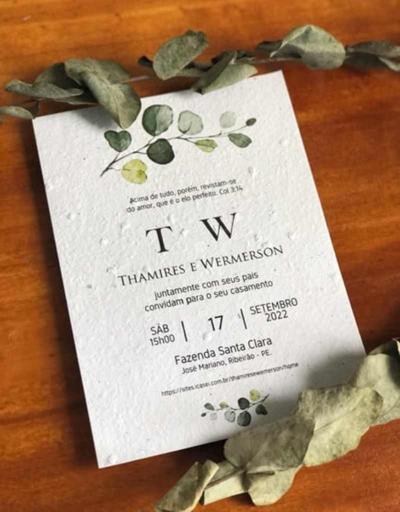 convite de casamento rústico confeccionao em papel semente com desenho em aquarela