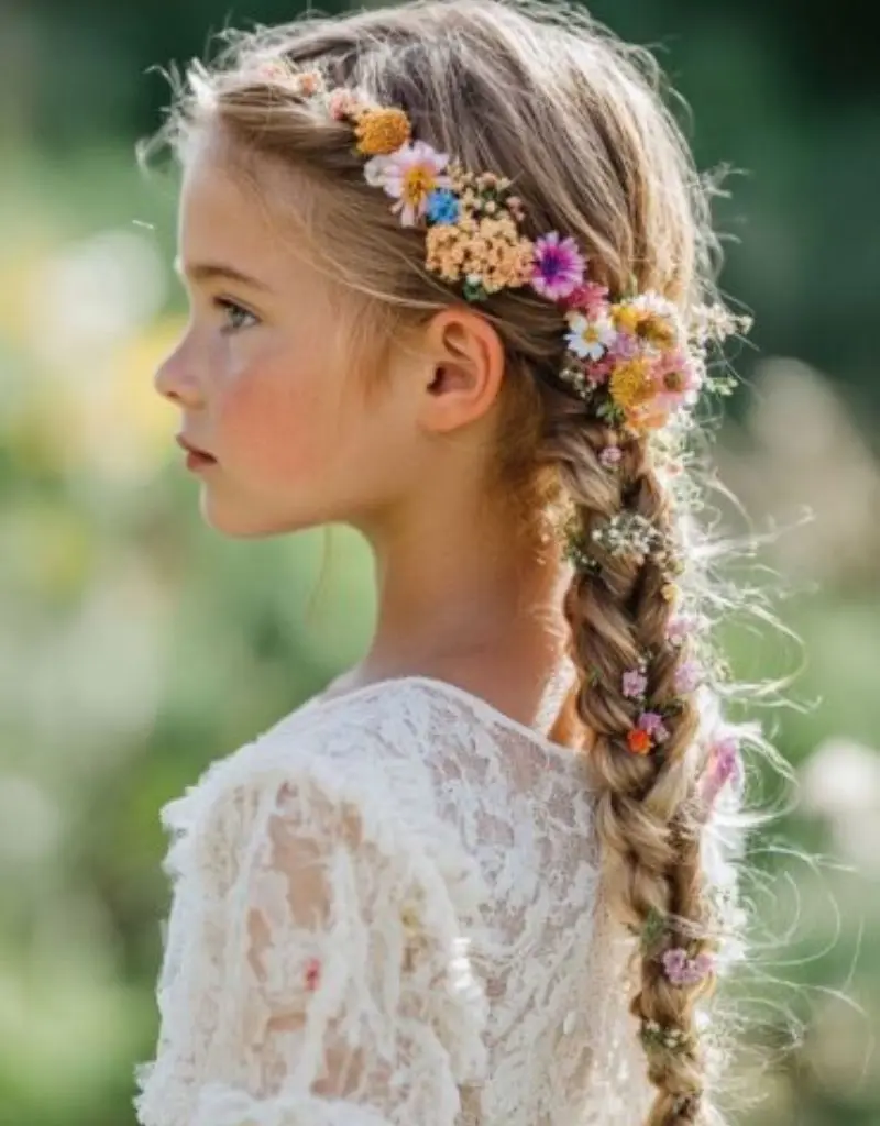 penteado para daminha com trança e flores