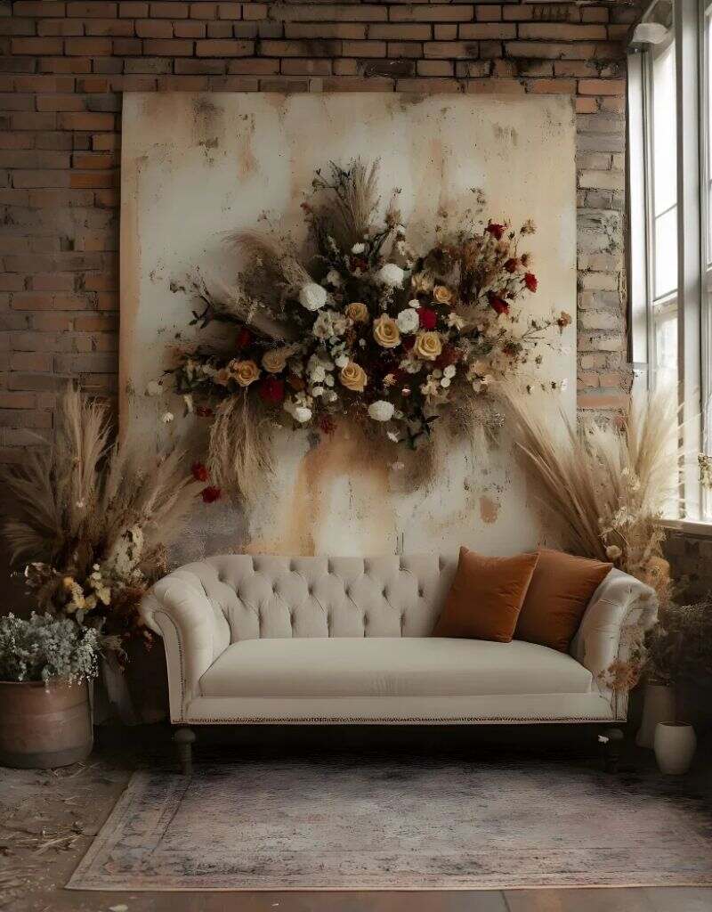 lounge com sofá e flores secas