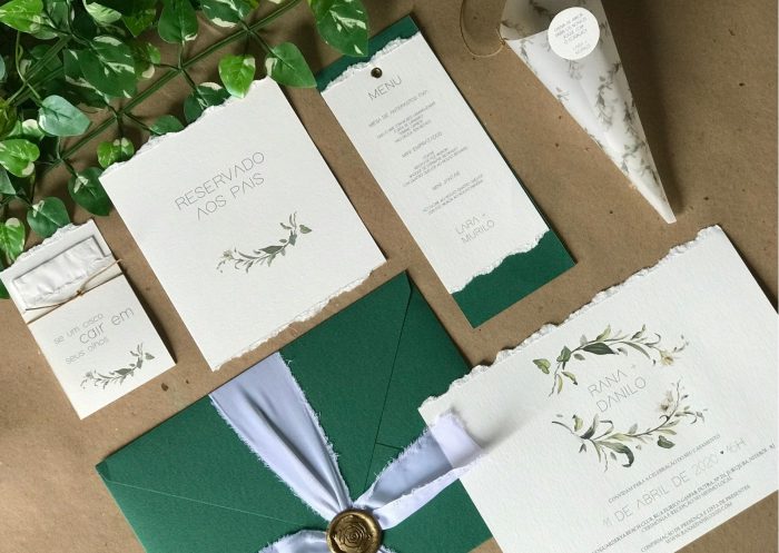 Convites de casamento branco com verde