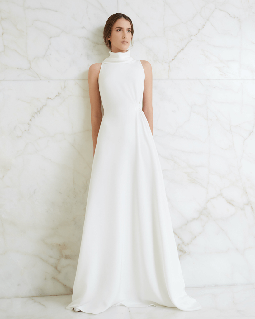 vestido de noiva minimalista com gola alta