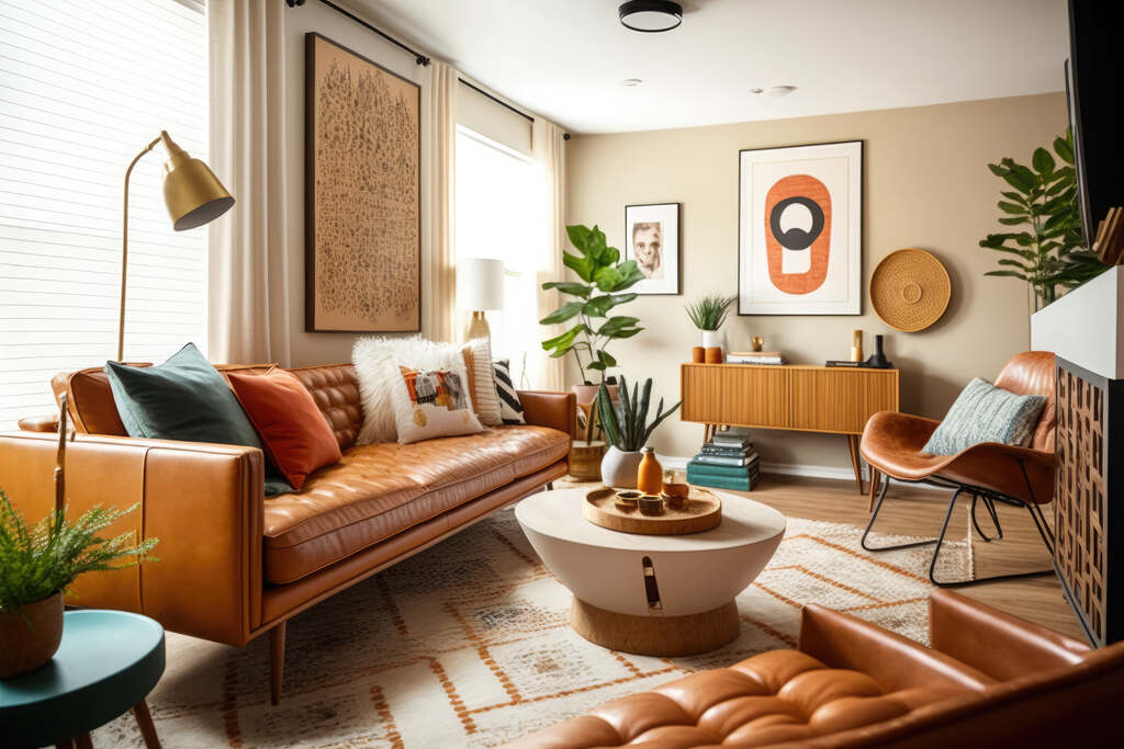 sala moderna sofá e poltronas marrons de couro com almofadas coloridas