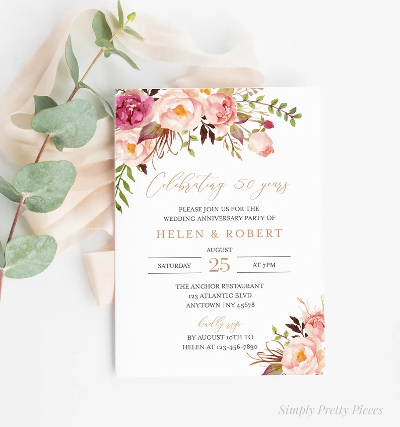  convite floral para bodas de ouro