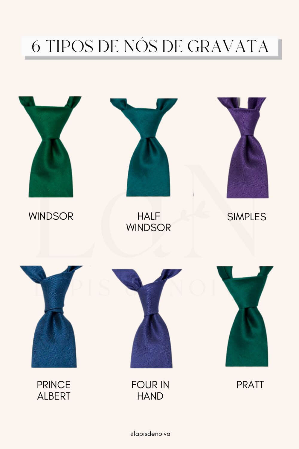 imagem com diferentes tipos de nós de gravata de noivo