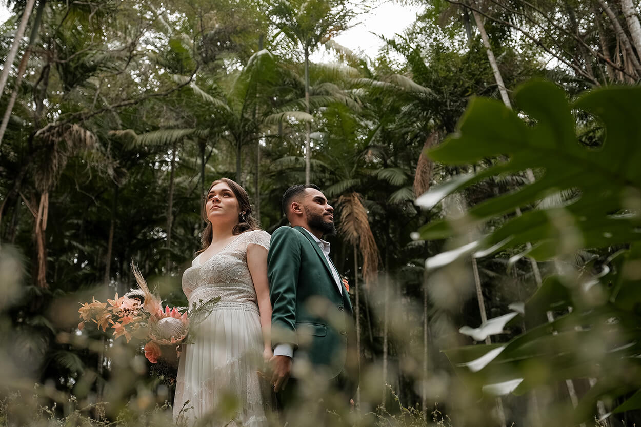 Foto tirada entre os arbustos dos noivos de mãos dadas no campo