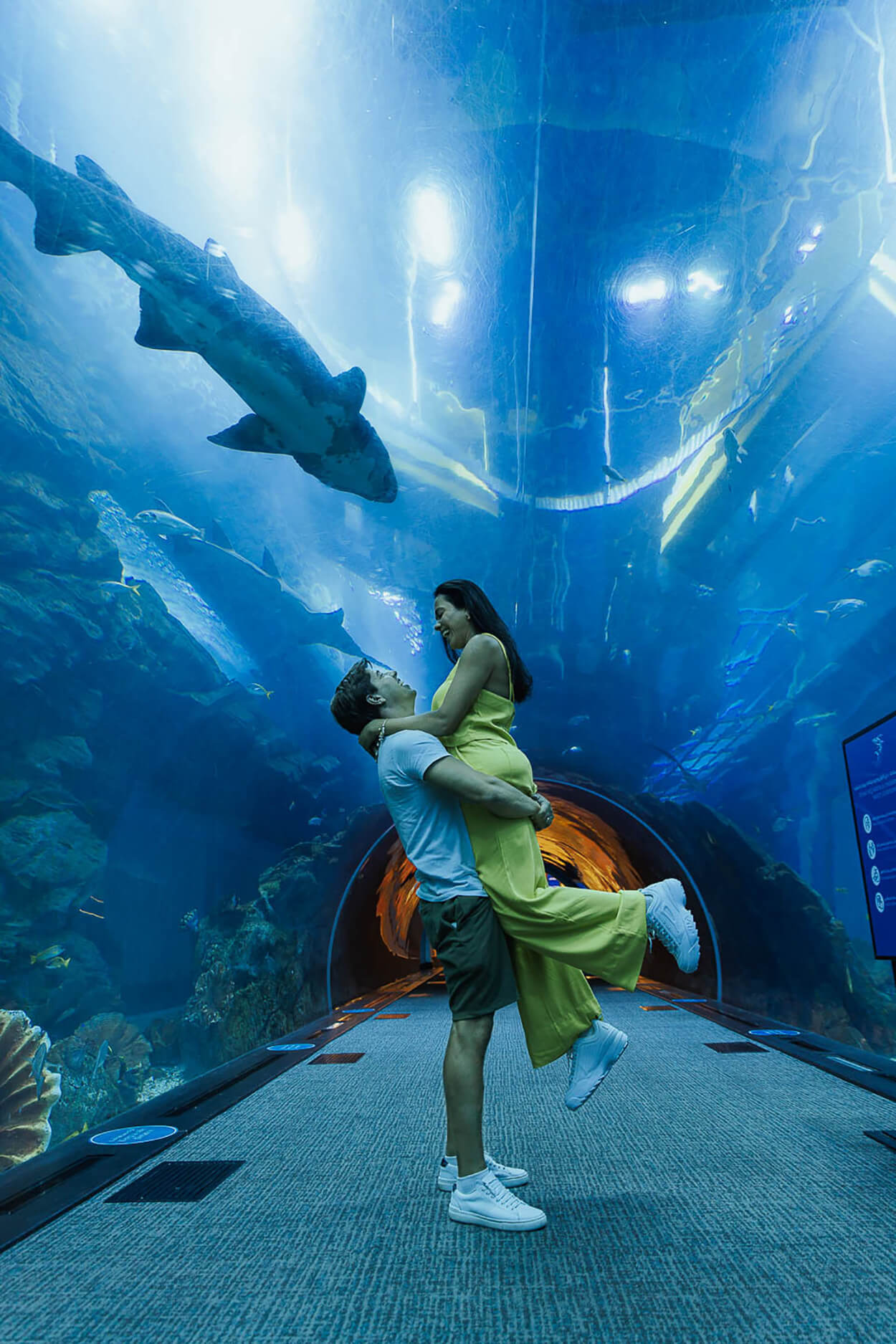 Homem erguendo a mulher no colo dentro de corredor no aquário