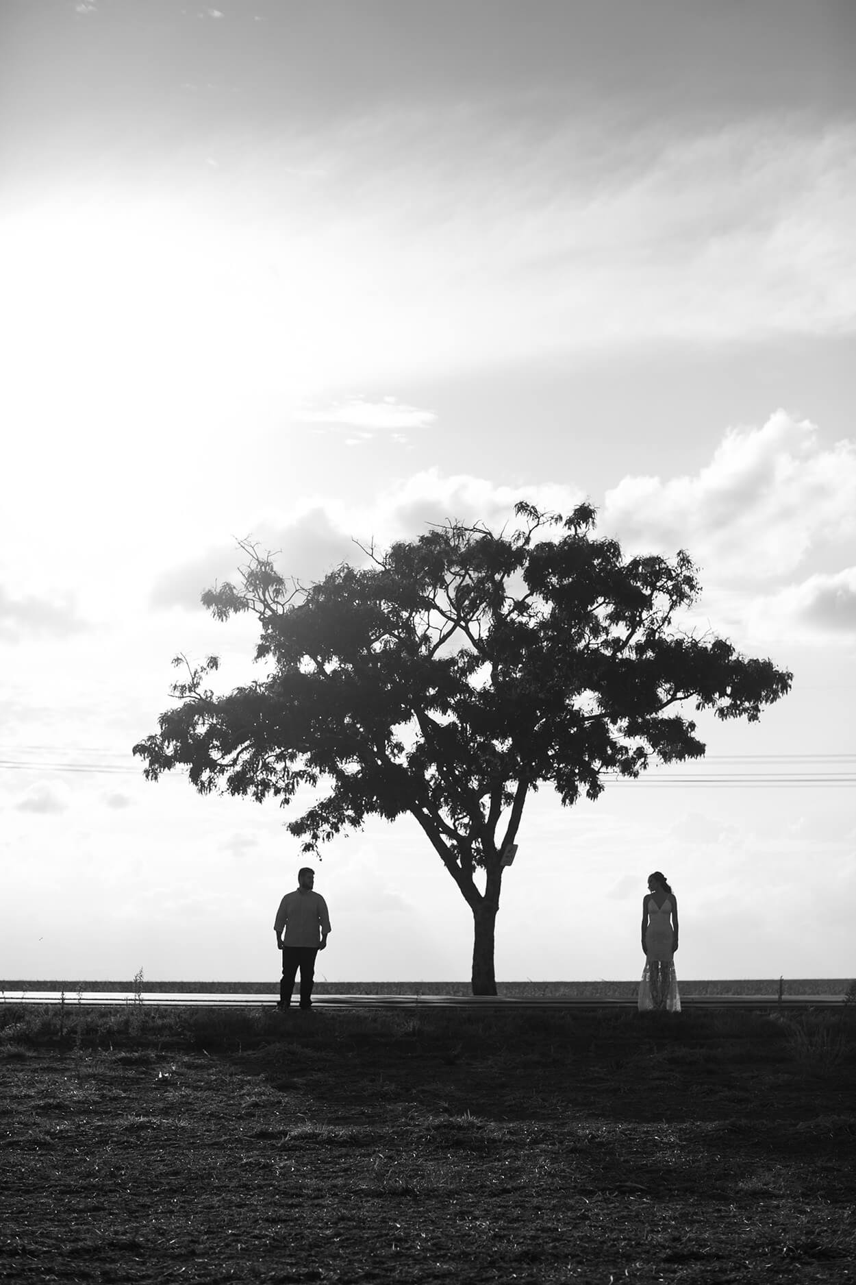 Foto em preto e branco dos noivos próximos a uma árvore grande e distante