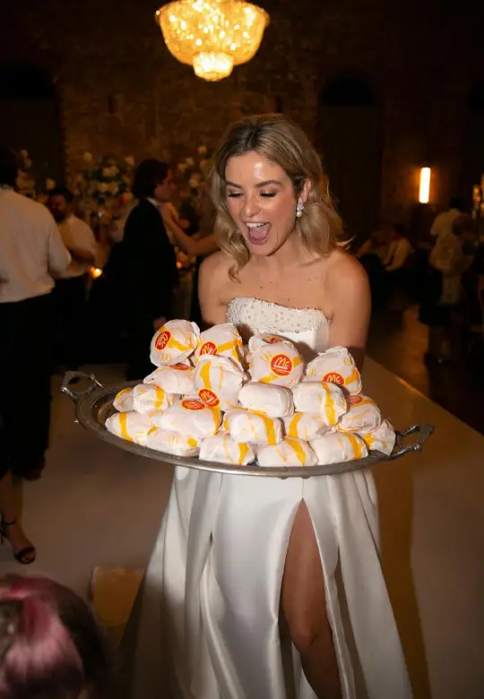 noiva segurando bandeja com vários sanduíches do mc donald's na sua festa de casamento