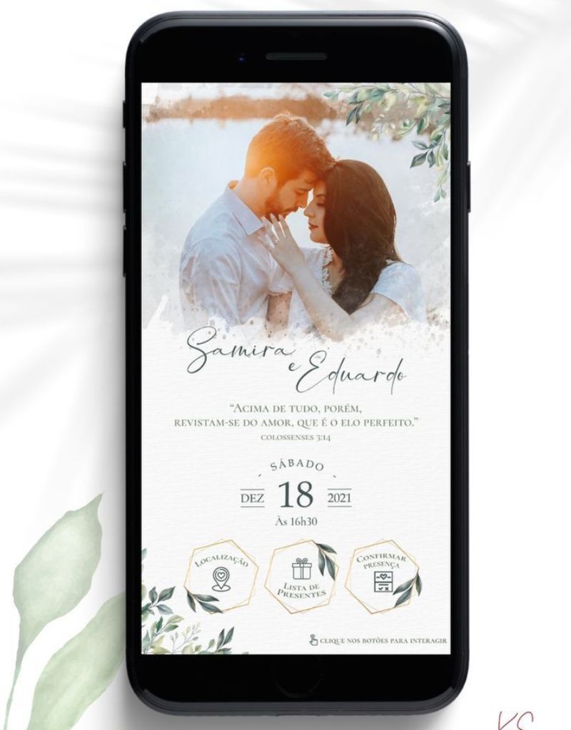 convite de casamento virtual com foto e detalhes com folhagem