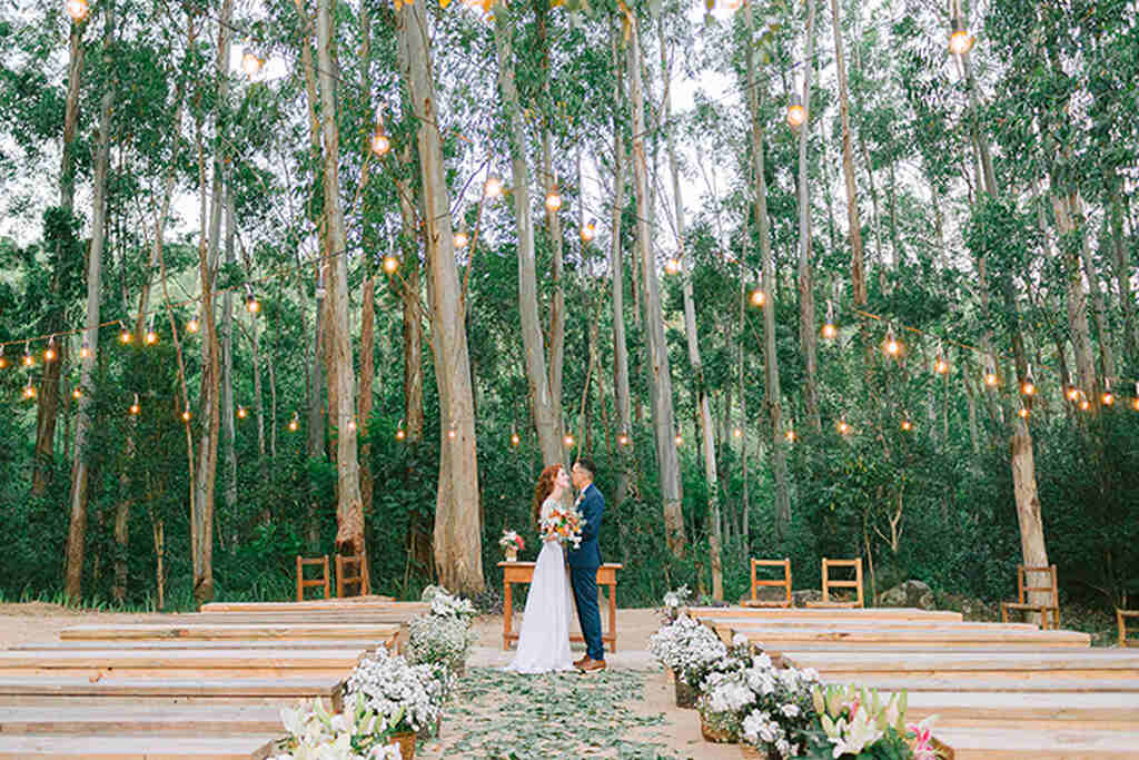 decoração de casamento na floresta com varal de luzes suspensas entre as árvores