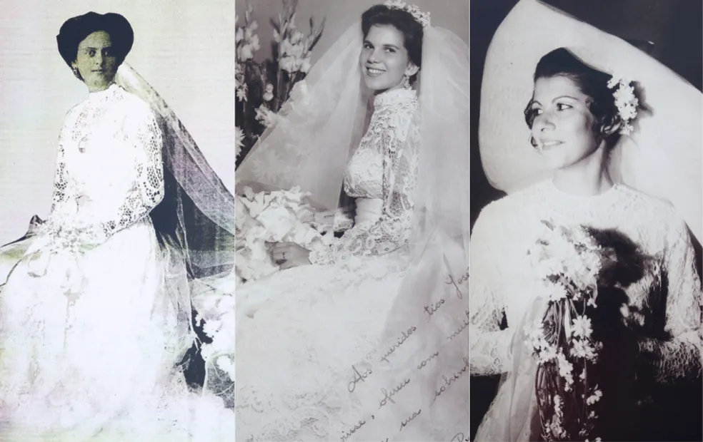 três fotos antigas de mulheres usando o mesmo vestido de noiva de 100 anos