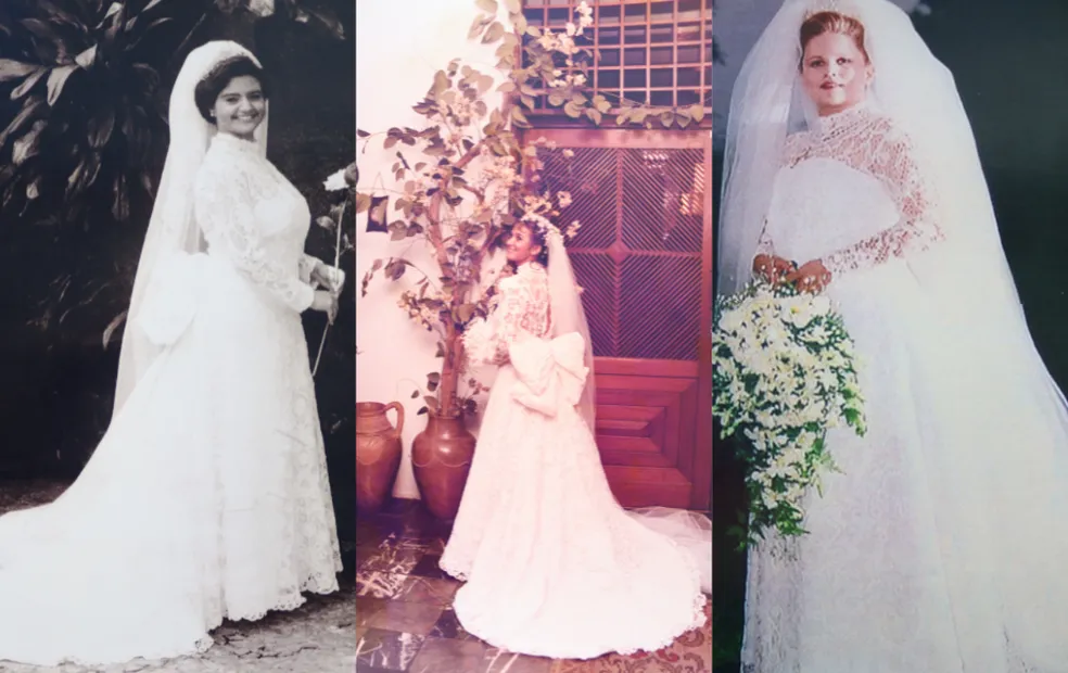 três fotos antigas de mulheres usando o mesmo vestido de noiva de 100 anos