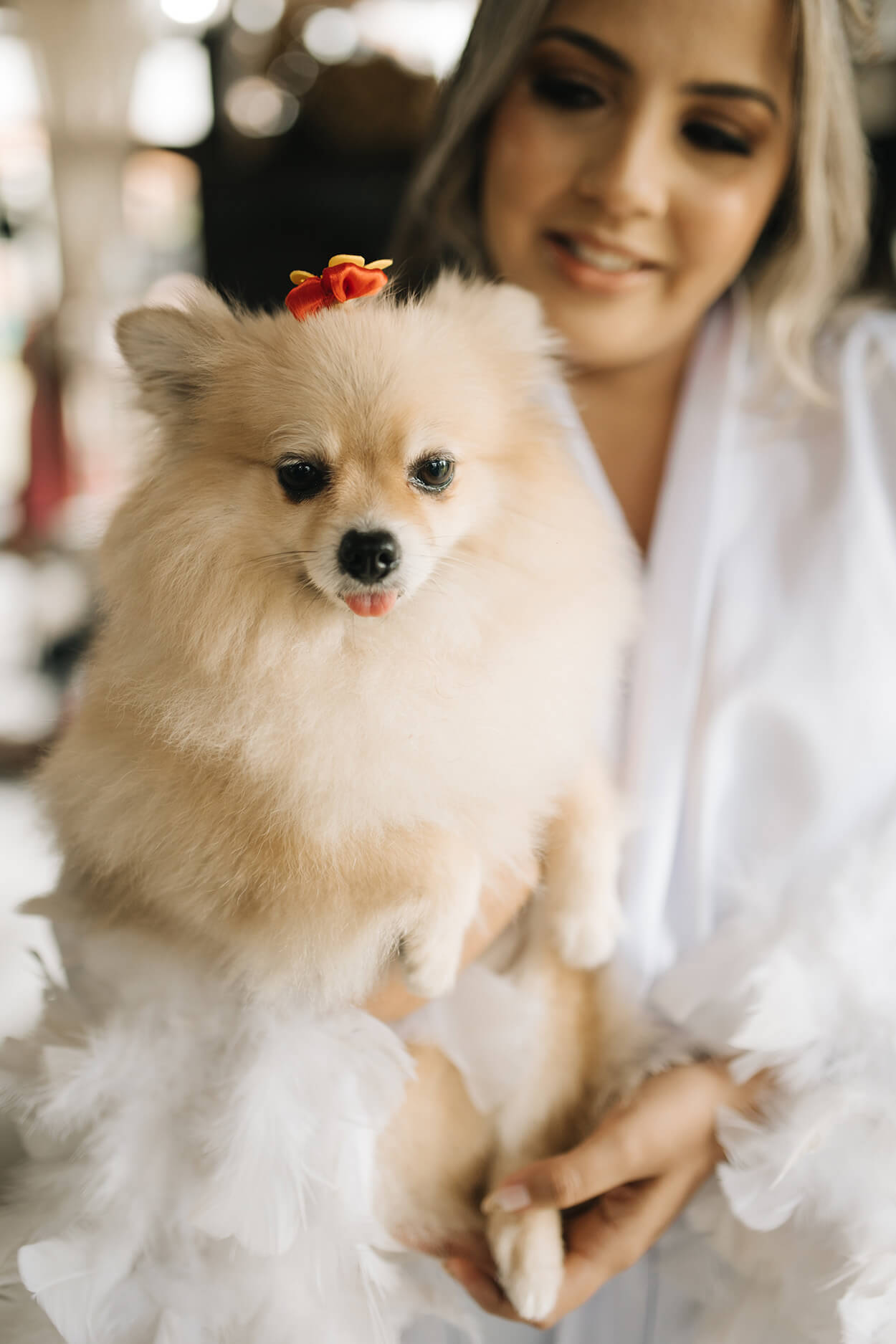 noiva com robe branco carregando no colo cachorro lulu da pomerania