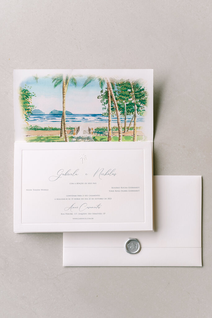 convite d ecsamento branco com aquarela com paisagem da praia
