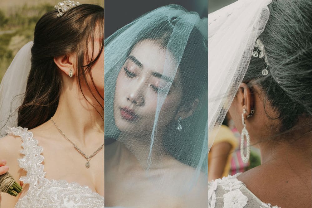 montagem com fotos de 3 noivas, uma ao lado da outra, todas usando brinco de noiva de diamante