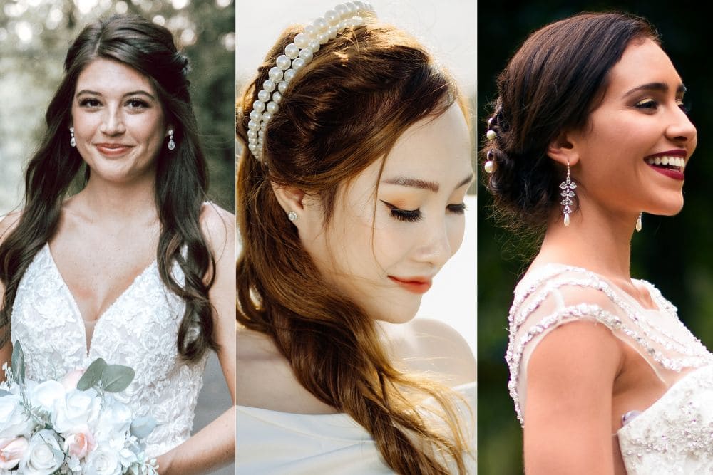 montagem com fotos de 3 noivas, uma ao lado da outra, todas usando brinco de noiva com zircônia