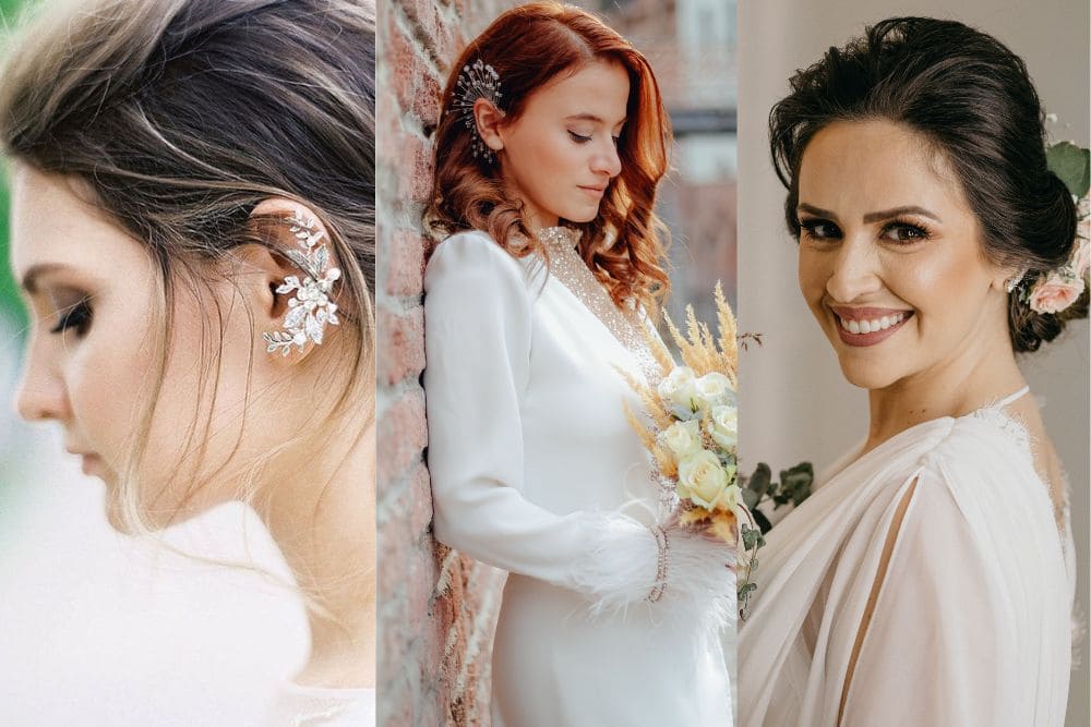 montagem com fotos de 3 noivas, uma ao lado da outra, todas usando brinco de noiva ear cuff