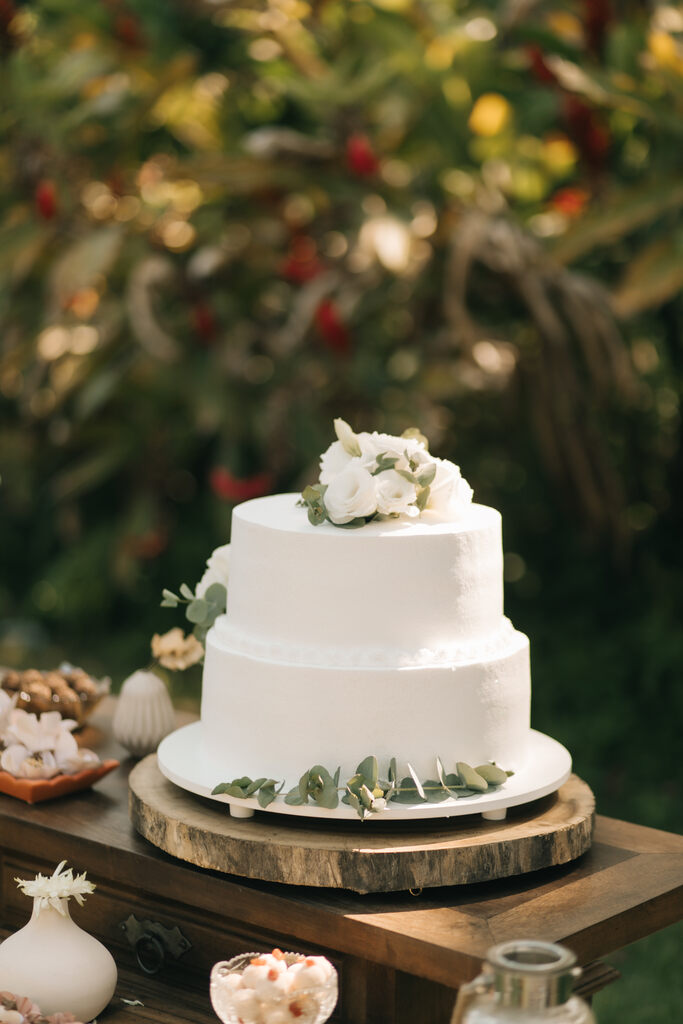 bolo de casamento minimalista branco com folhas de eucalipto
