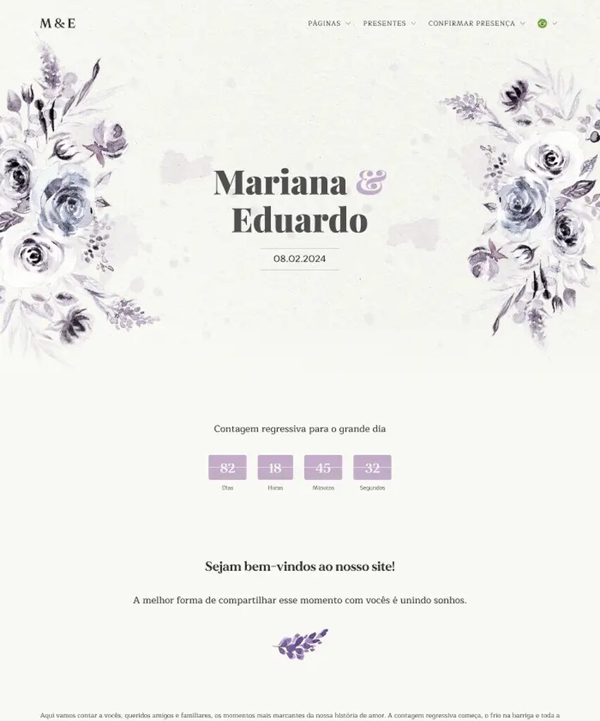 site de casamento com paleta cinza e lilás