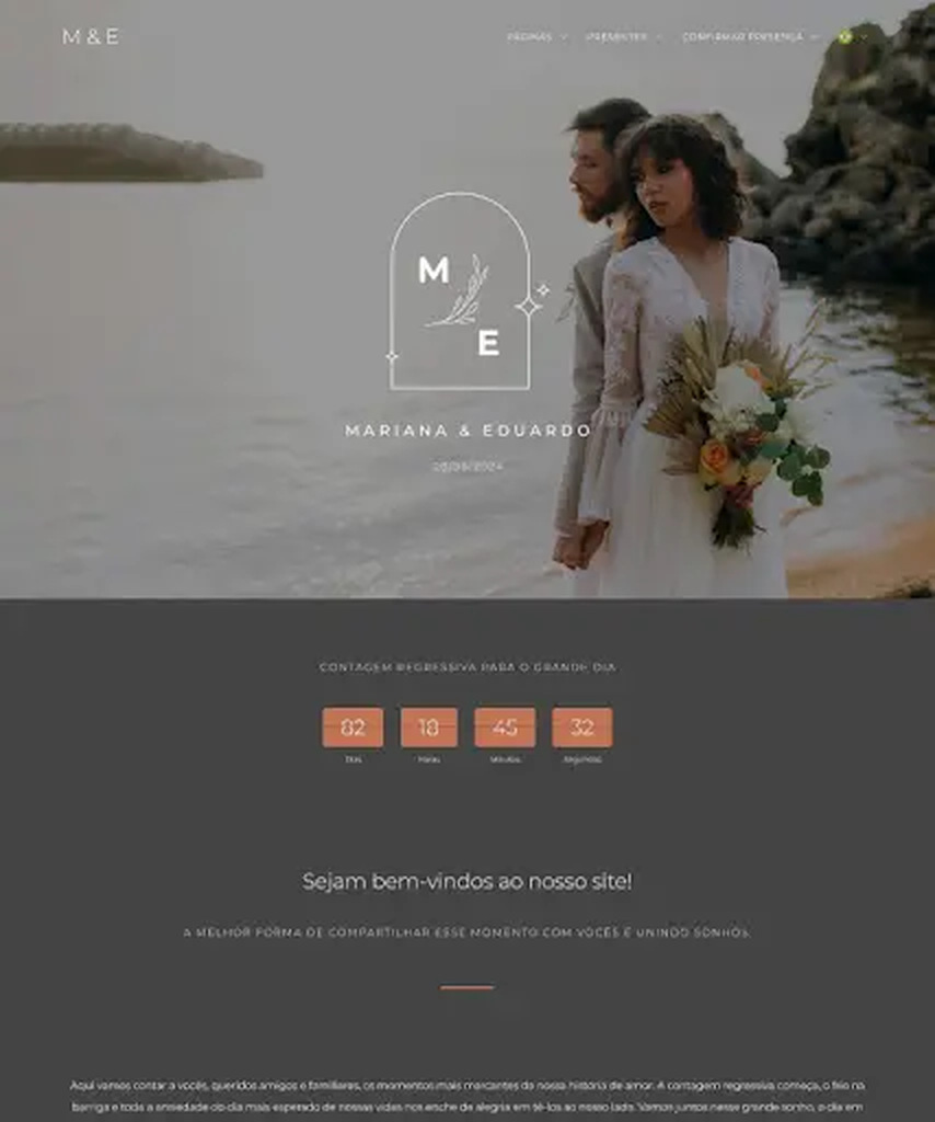site de casamento minimalista cinza e laranja com foto de casal na beira do rio iCasei