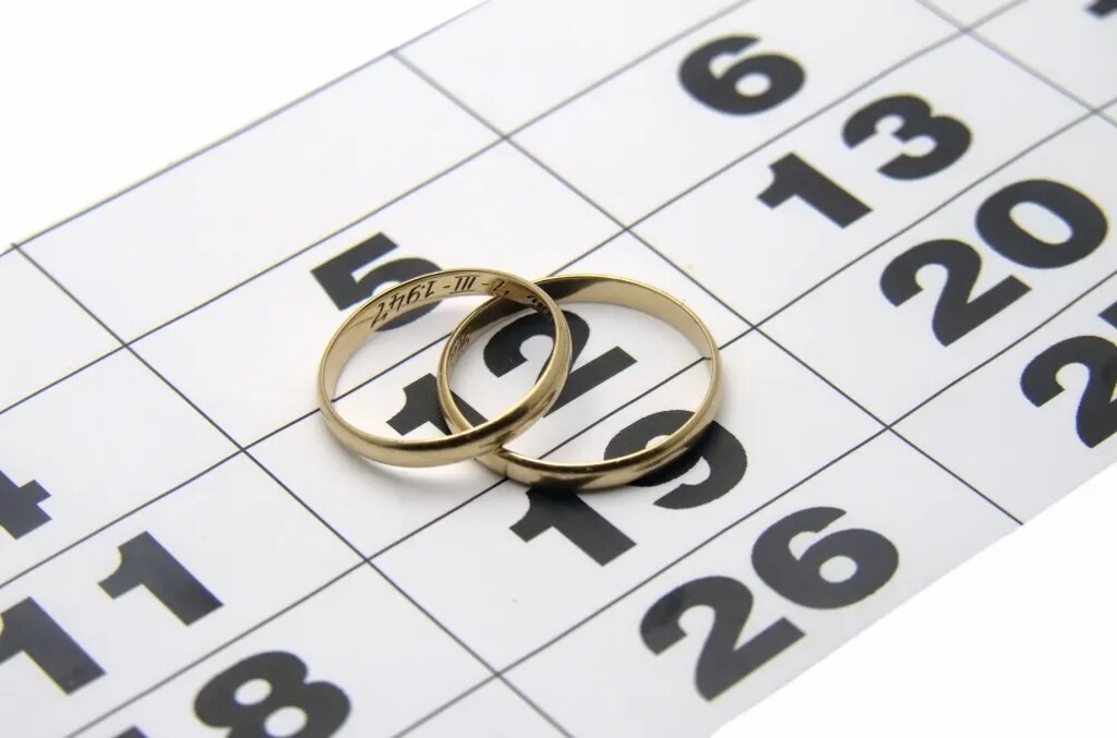 duas alianças douradas de casamento em cima de calendário