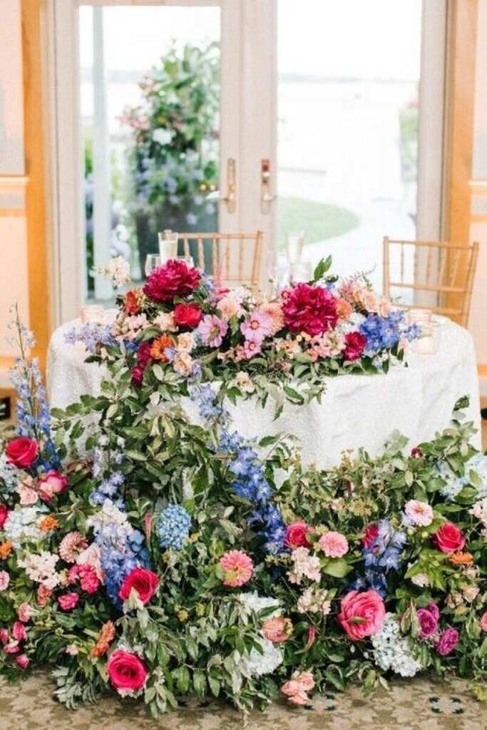 mesa dos noivos decorada com flores rosas e azuis