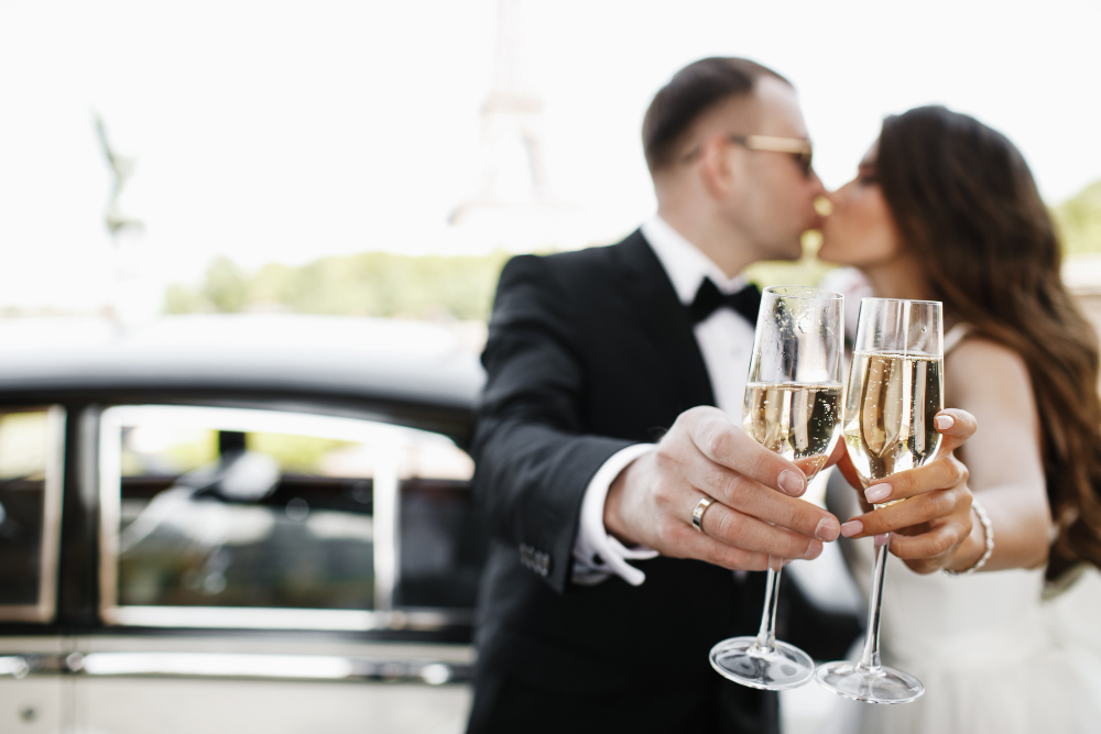 casal de noivos brindando com champanhe enquanto se beijam