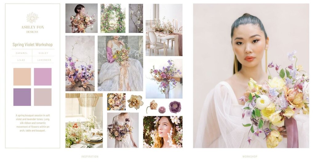 painel de inspiração com várias fotos de casamento na paleta de cores lilás