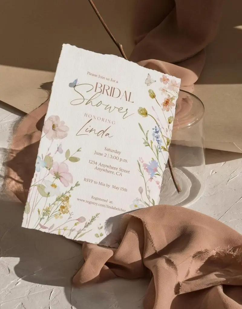convite de chá de panela em estilo aquarela com flores silvestres e bordas rasgadas