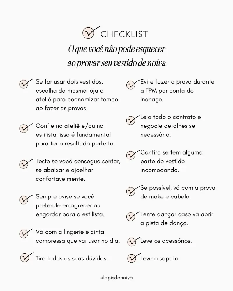 checklist para a prova do vestido da noiva