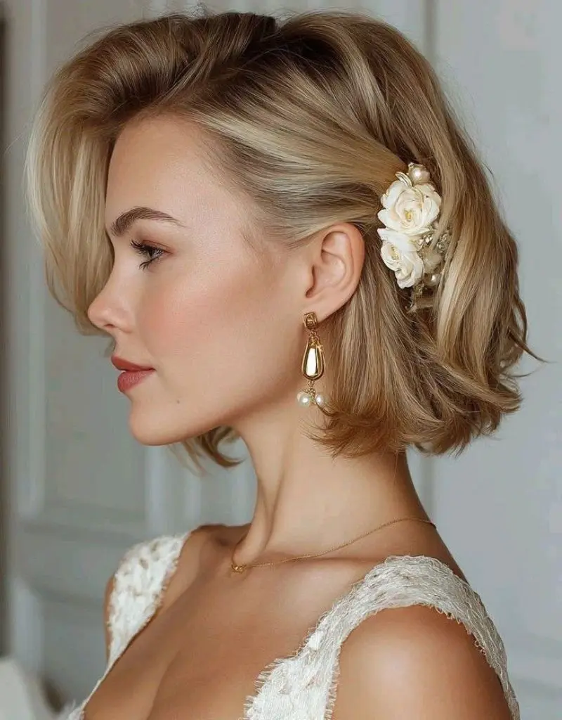 noiva com cabelo curto preso com flor natural na lateral