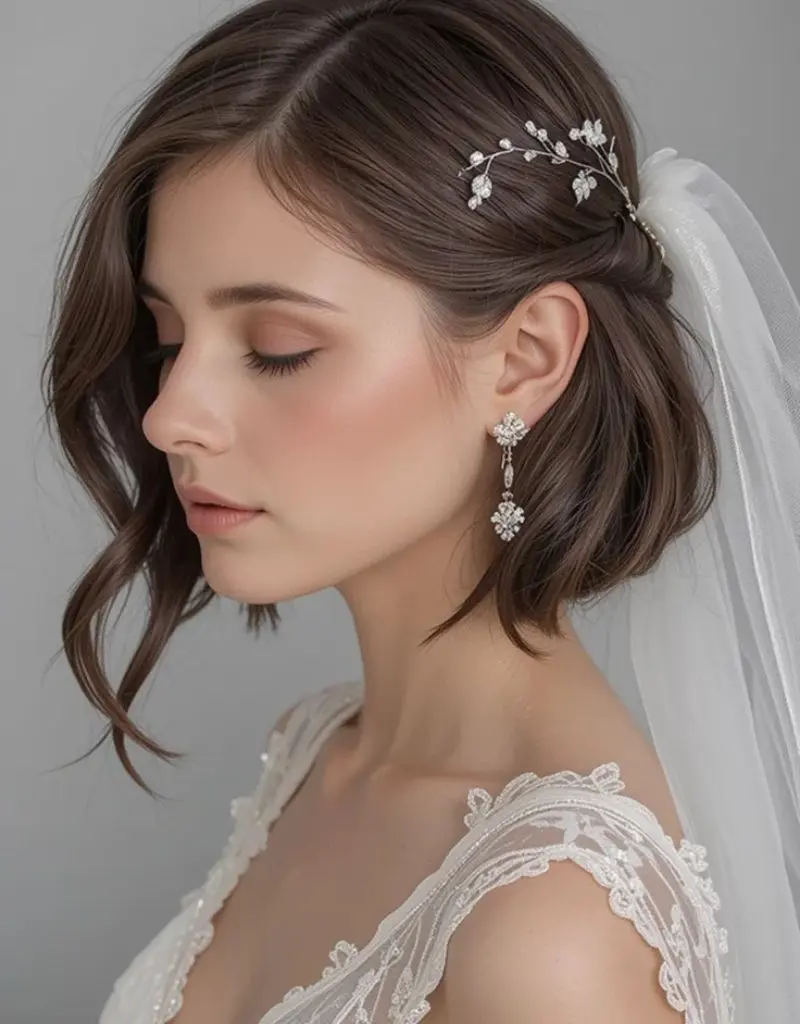 penteado para cabelo curto com grinalda e v&eacute;u