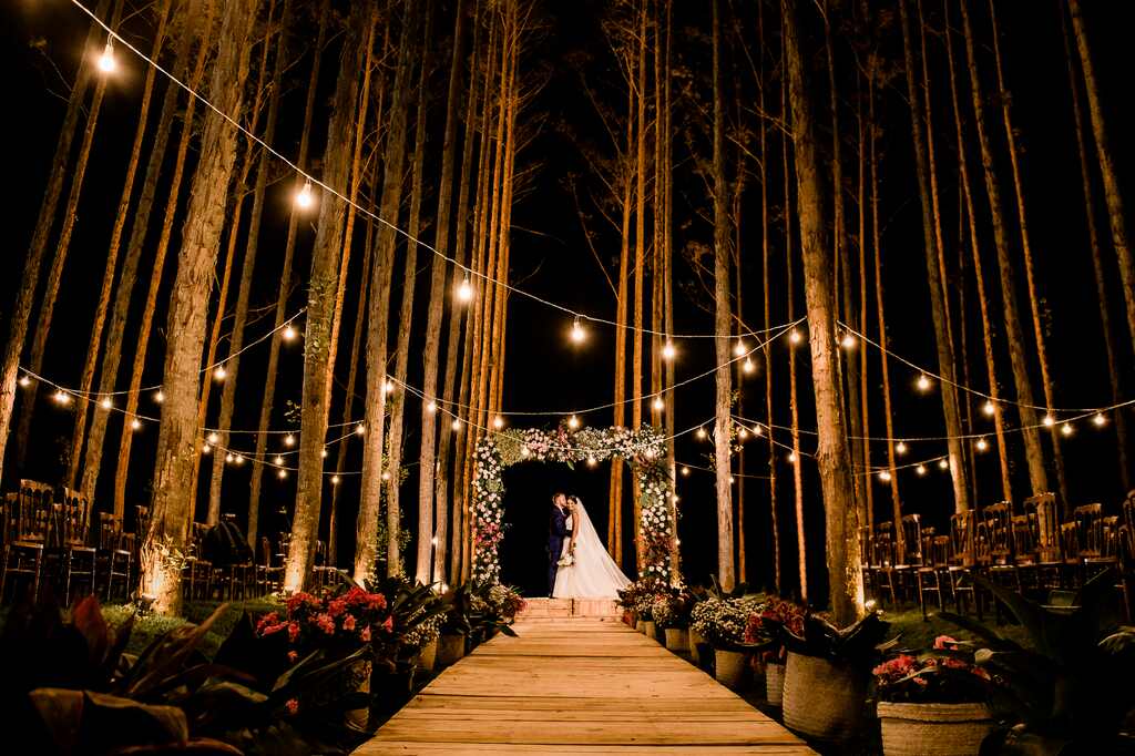 Cenário da cerimônia de casamento, com eucaliptos ao fundo e varais de luzes. Noivos no altar abraçados