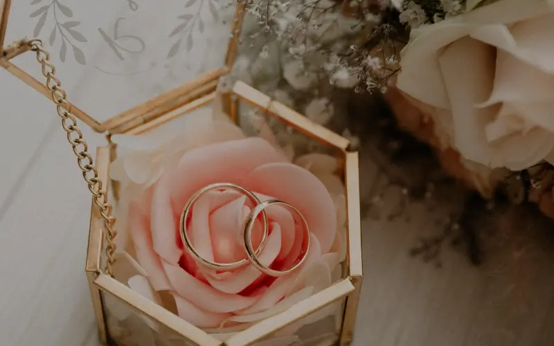 porta aliança geométrico com rosa dentro