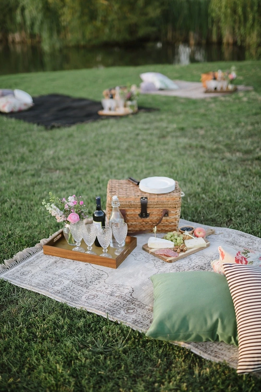 toalhas, almofadas e cestas de picnic no gramado para os convidados