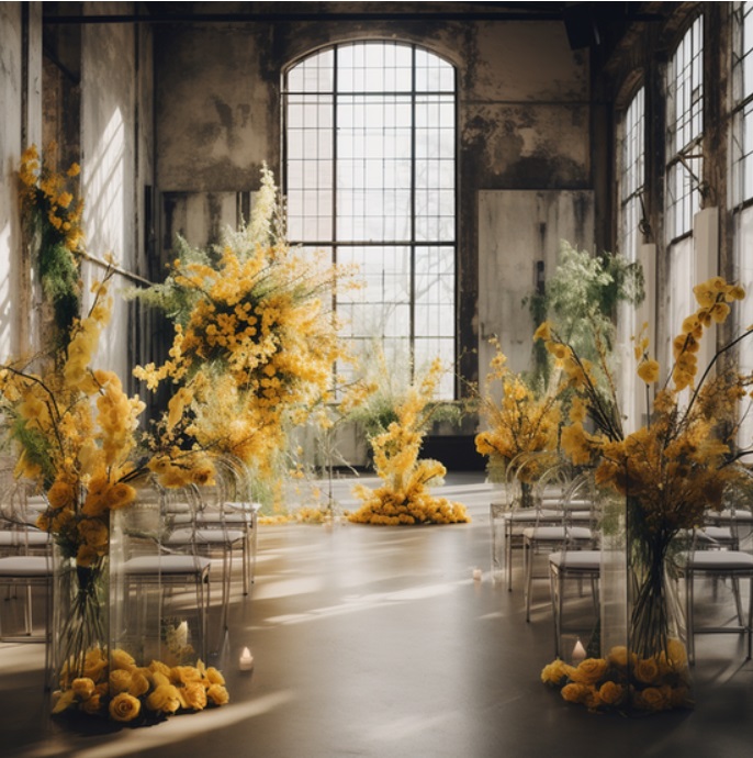 decoração cerimônia de casamento amarelo moderno em salão