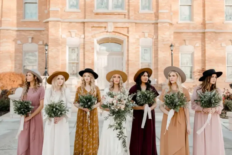 madrinhas de chapéu de aba reta em frente de uma castelo