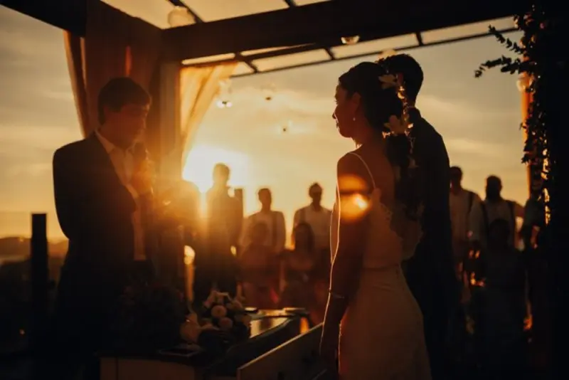 noivos em cerimônia de casamento na praia ao por do sol