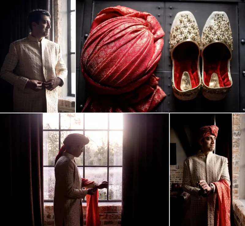traje do noivo indiano mostrando o turbante e sapato 