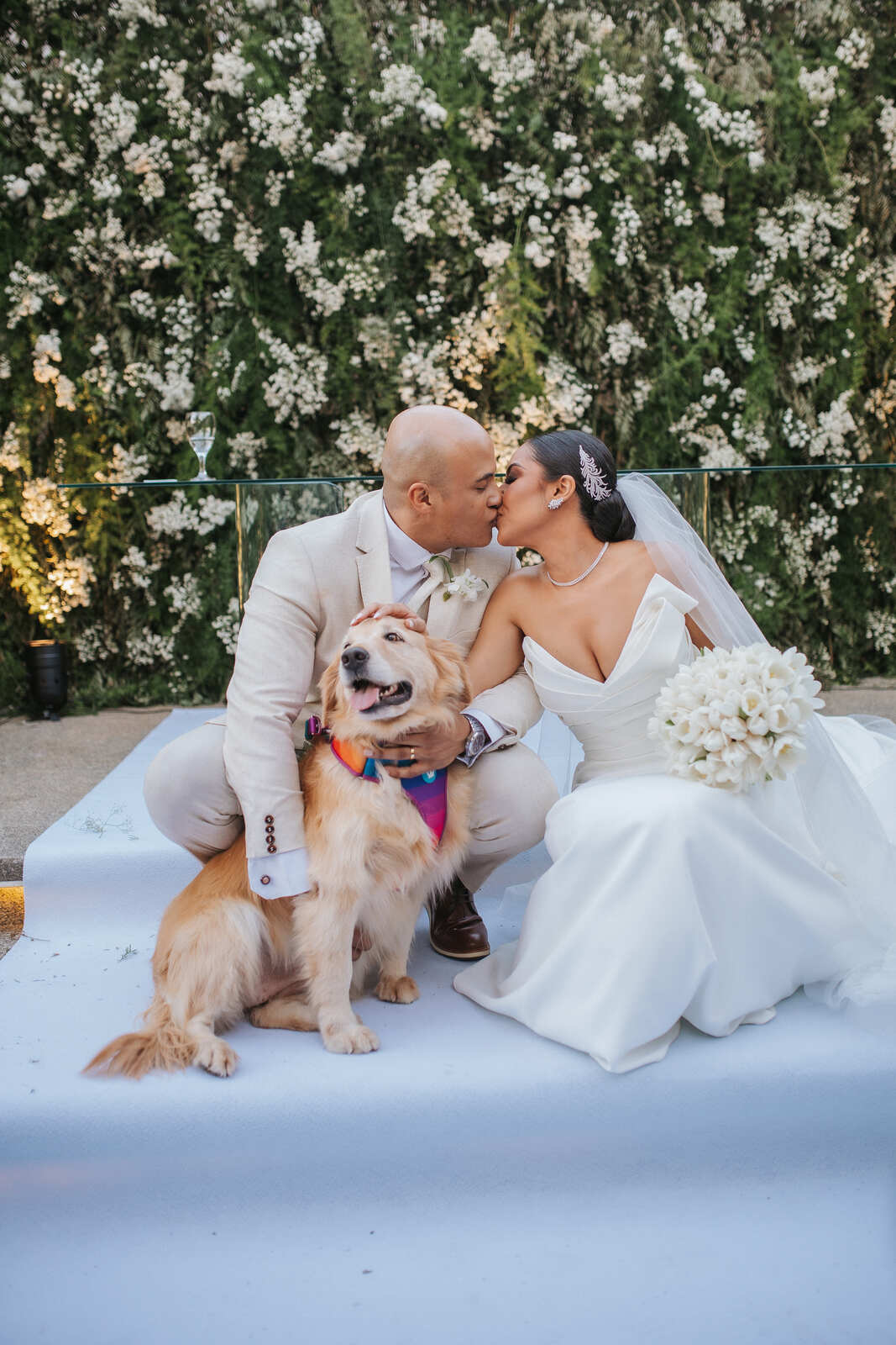 noivos se beijando e cachorro ao lado