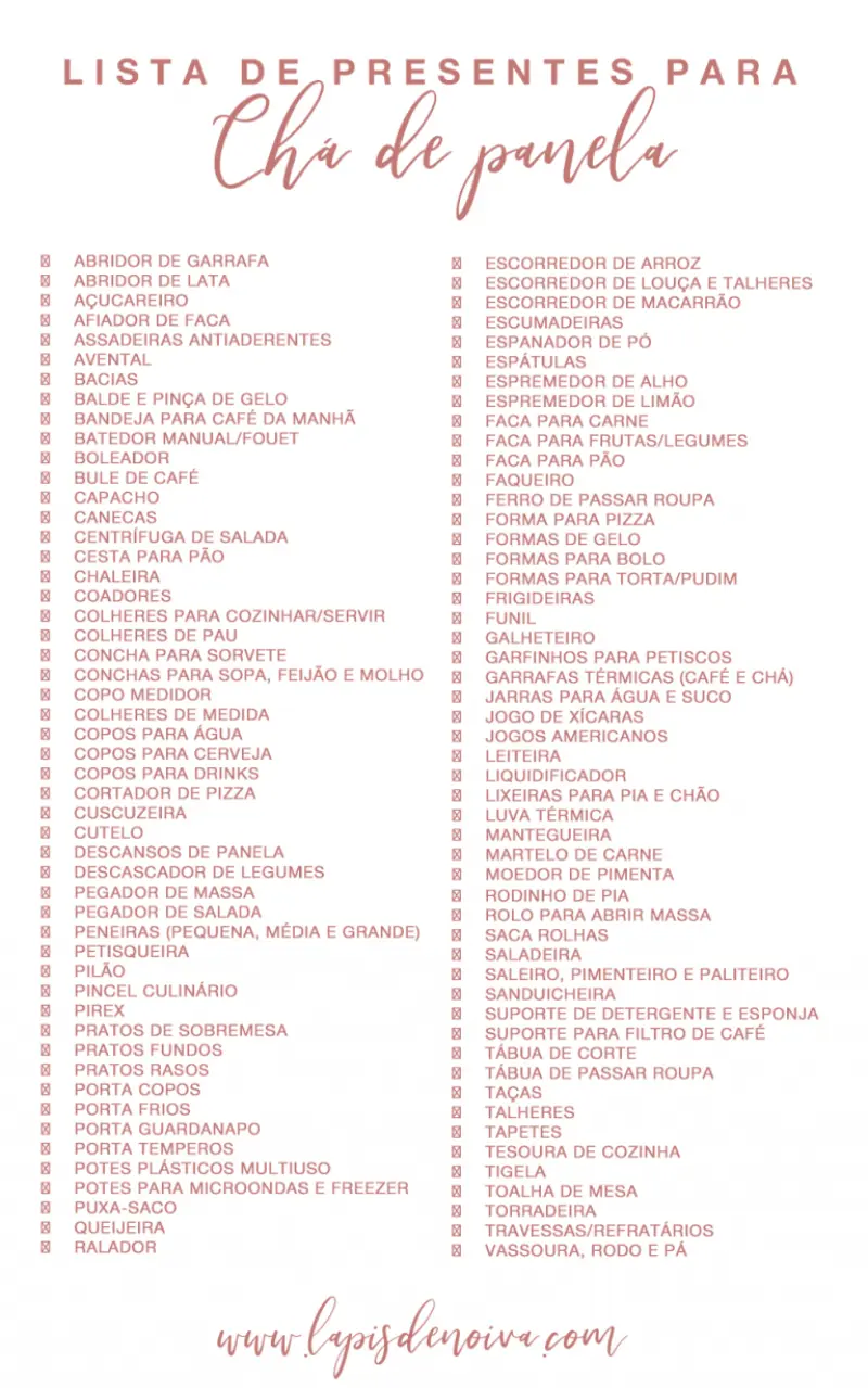 lista de presentes chá de panela
