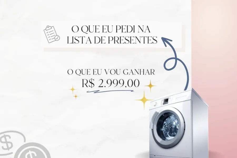 banner com foto de lavadora de roupas e texto o que eu pedi na lista de presente com seta para a lavadora e abaixo o que eu vou ganhar 2.999,00 reais