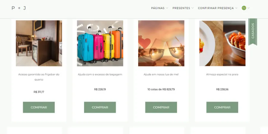 print de site com cotas para lua de mel para arrecadar dinheiro