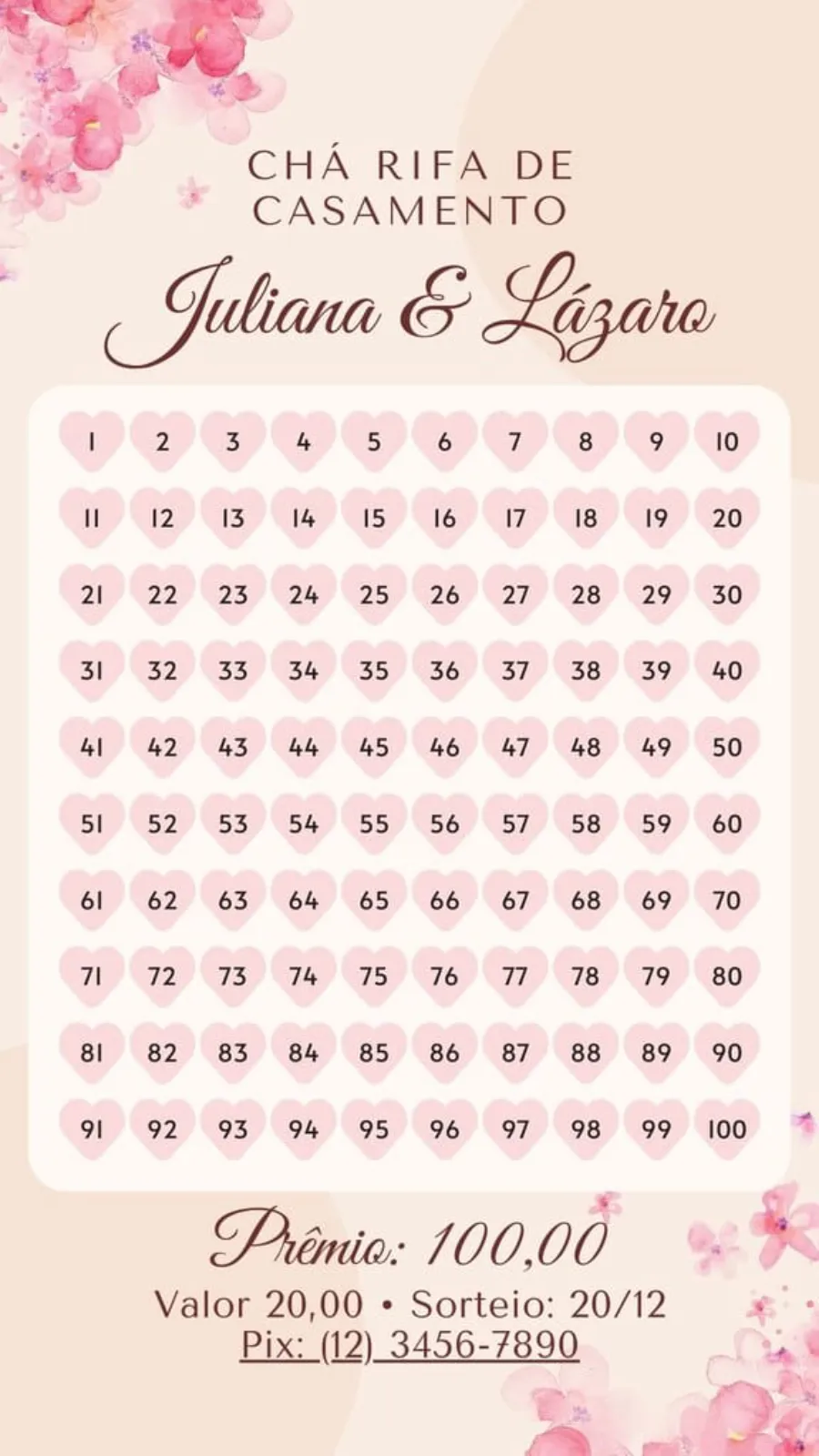 layout rosa e romântico para rifa de casamento online