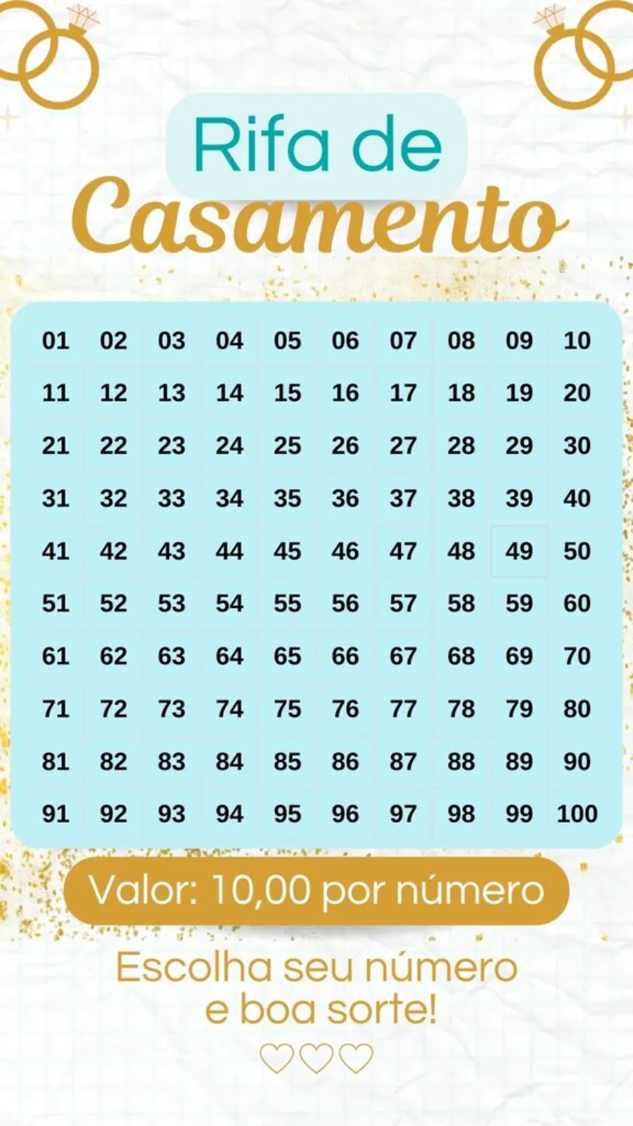 layout branco azul e dourado de rifa para arrecadar dinheiro para casamento