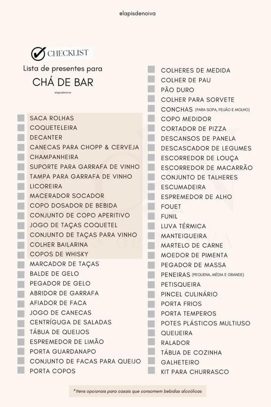 Checklist o que pedir para cha bar